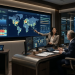 Hotel revenue manager reviewing occupancy rate dashboards and pricing data on multiple screens